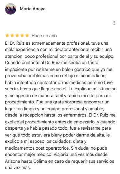 Captura original de la valoración de Maria Anaya en Google: 5 estrellas.