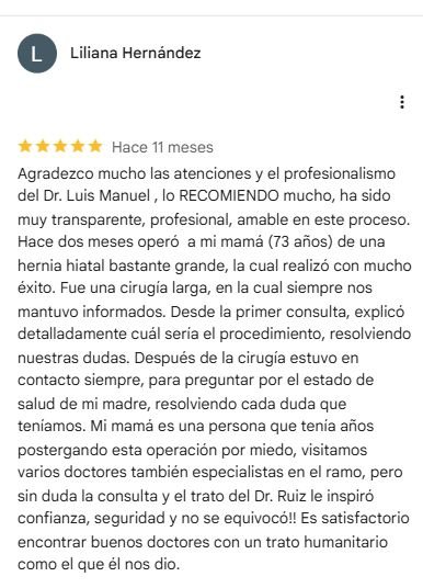 Captura original de la valoración de Liliana Hernández en Google: 5 estrellas.