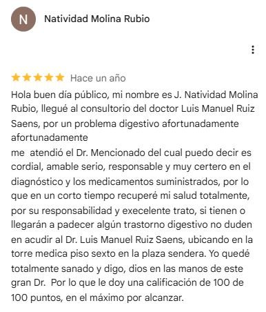 Captura original de la valoración de Natividad Molina Rubio en Google: 5 estrellas.