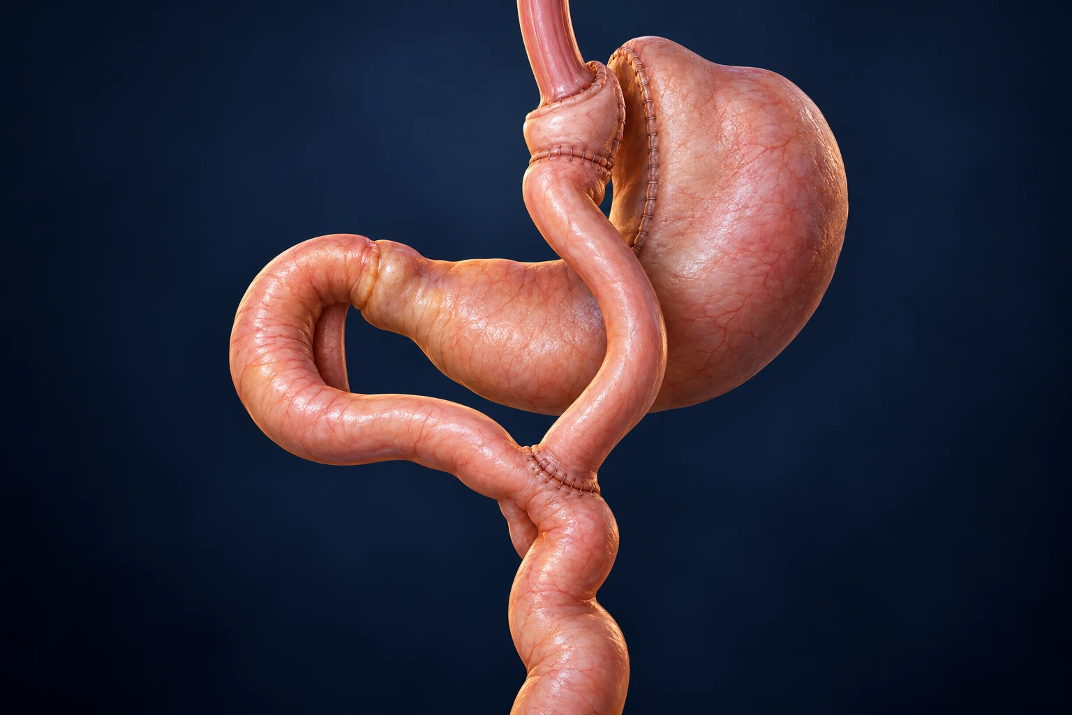 Esquema de bypass gástrico en Y de Roux, con reservorio gástrico pequeño y cambio del recorrido intestinal.