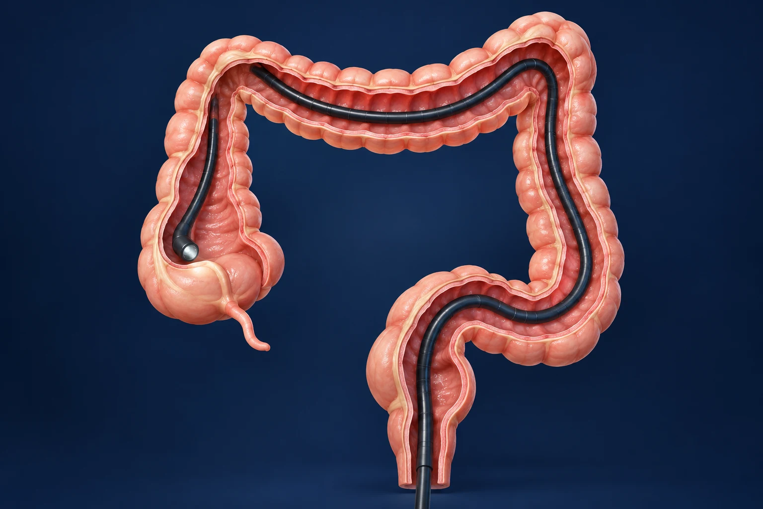 Modelo anatómico del colon con el recorrido de un colonoscopio introducido por el recto.