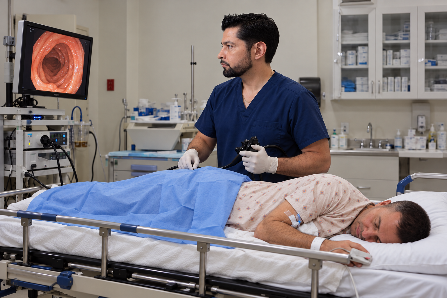 Escena ilustrativa de colonoscopia: paciente sobre su lado izquierdo, espalda hacia el médico y acceso rectal cubierto