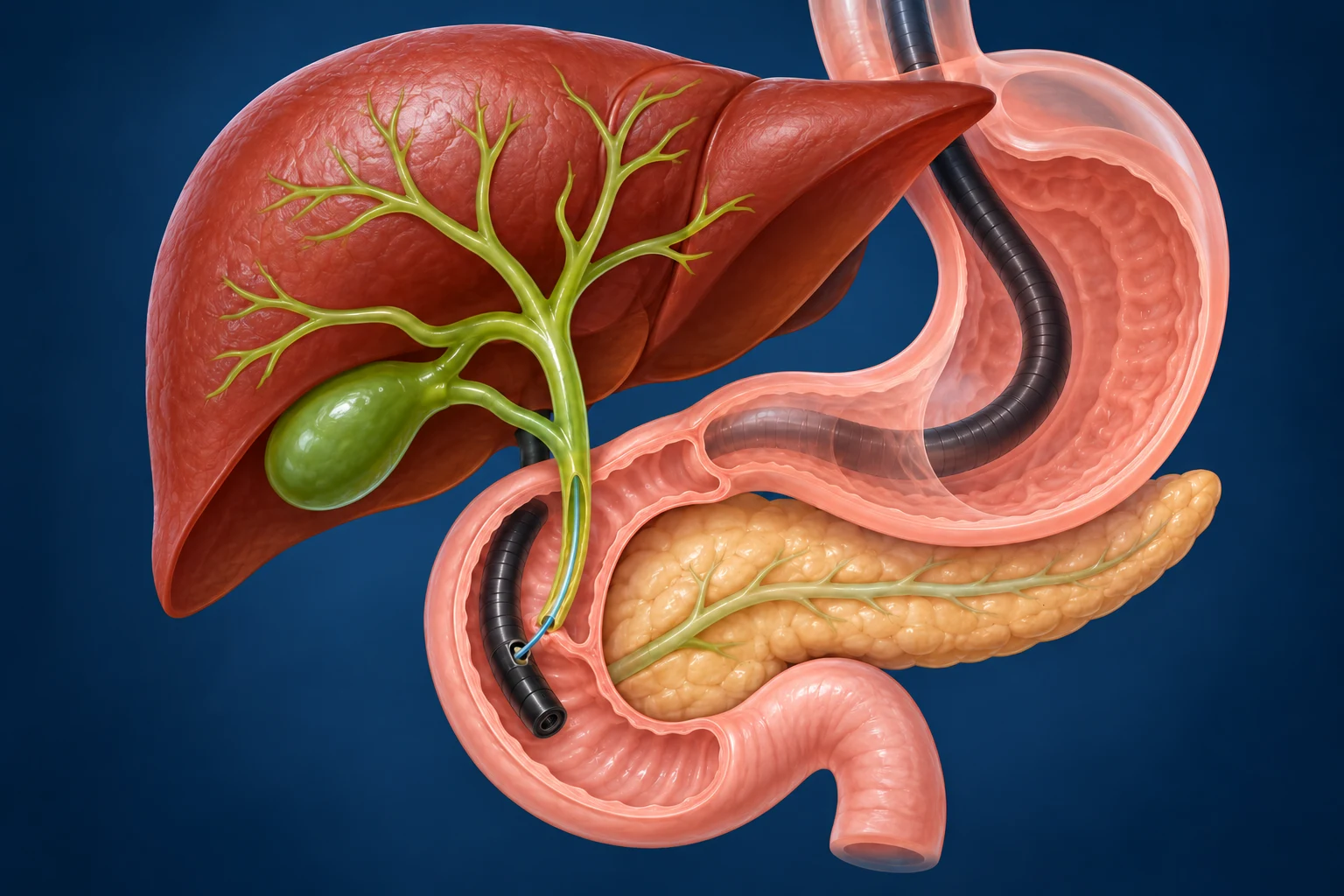 Esquema de CPRE con endoscopio en el duodeno y un catéter fino que accede a la vía biliar.