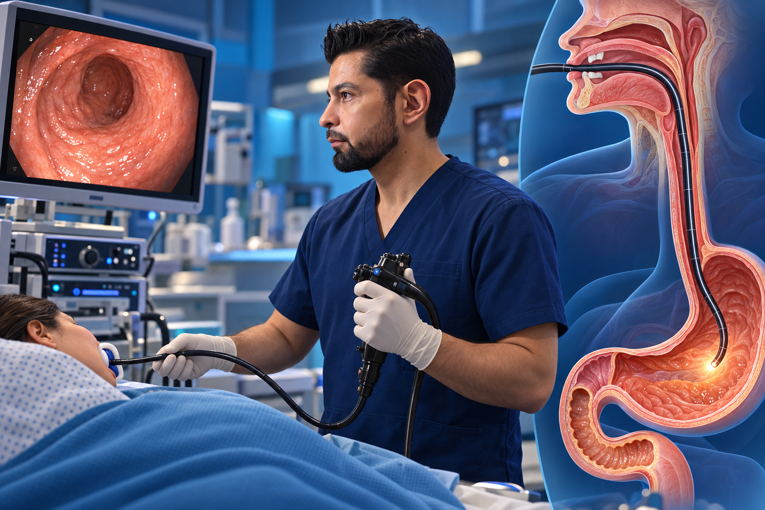 Ilustración médica del Dr. Luis Manuel Ruiz Saenz junto al recorrido de una endoscopia digestiva alta