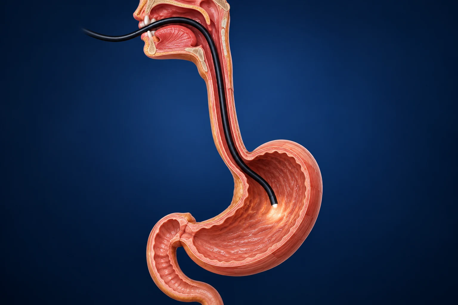 Esquema de endoscopia digestiva alta con un endoscopio que pasa por el esófago hasta el estómago.