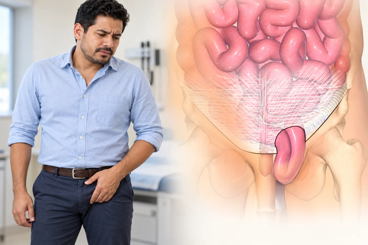 Composición ilustrativa de un hombre con molestia en la ingle y un esquema de hernia inguinal a su derecha
