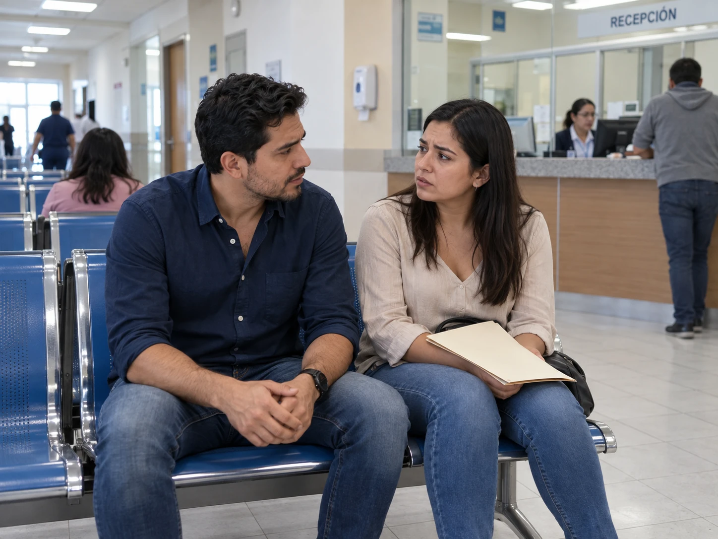 Un hombre y una mujer con expresión de duda en la sala de espera de un hospital
