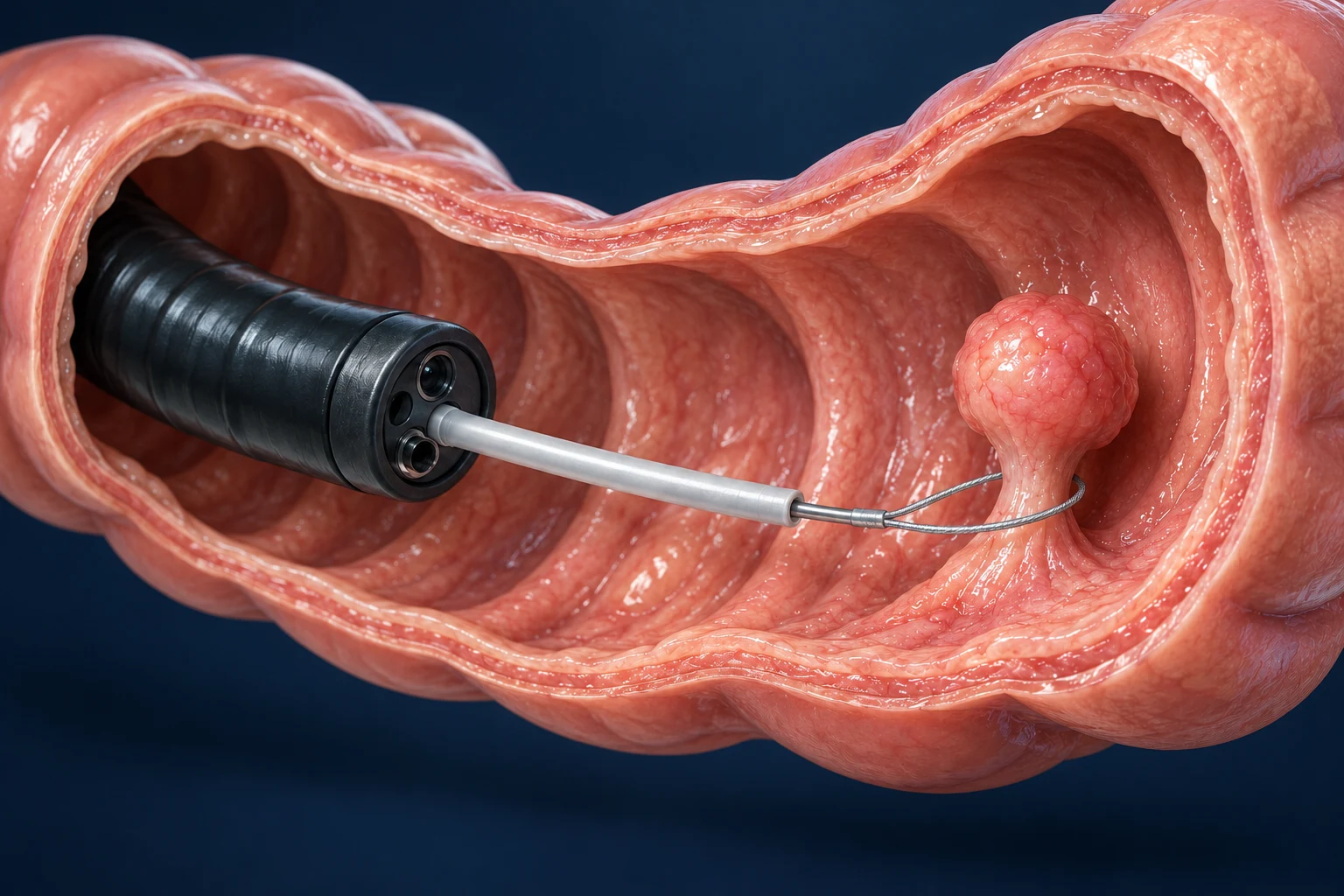 Esquema de un pólipo intestinal rodeado por un asa de polipectomía durante una endoscopia.