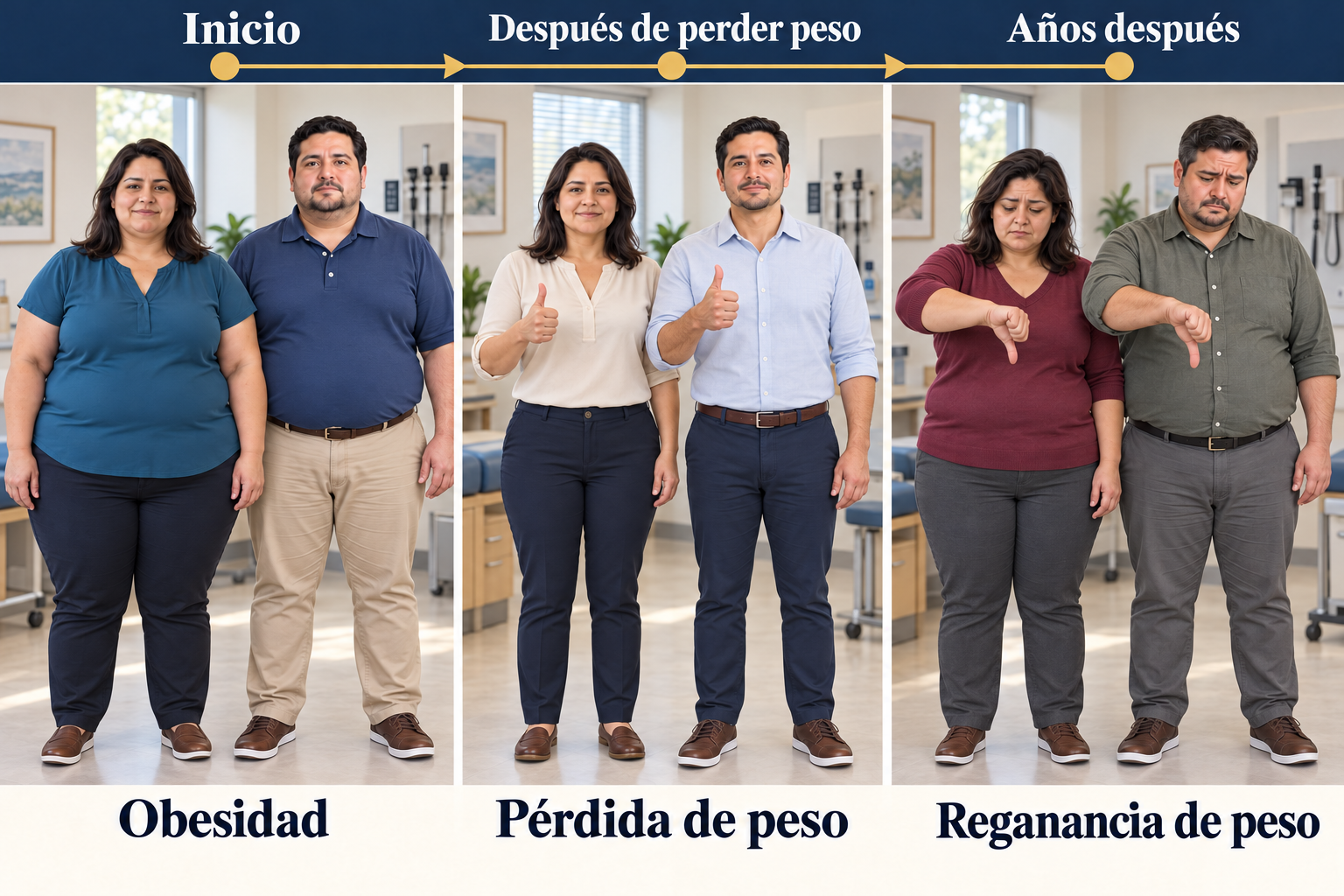 Ilustración de un hombre y una mujer en tres etapas: obesidad, pérdida de peso con pulgares arriba y reganancia de peso con pulgares abajo