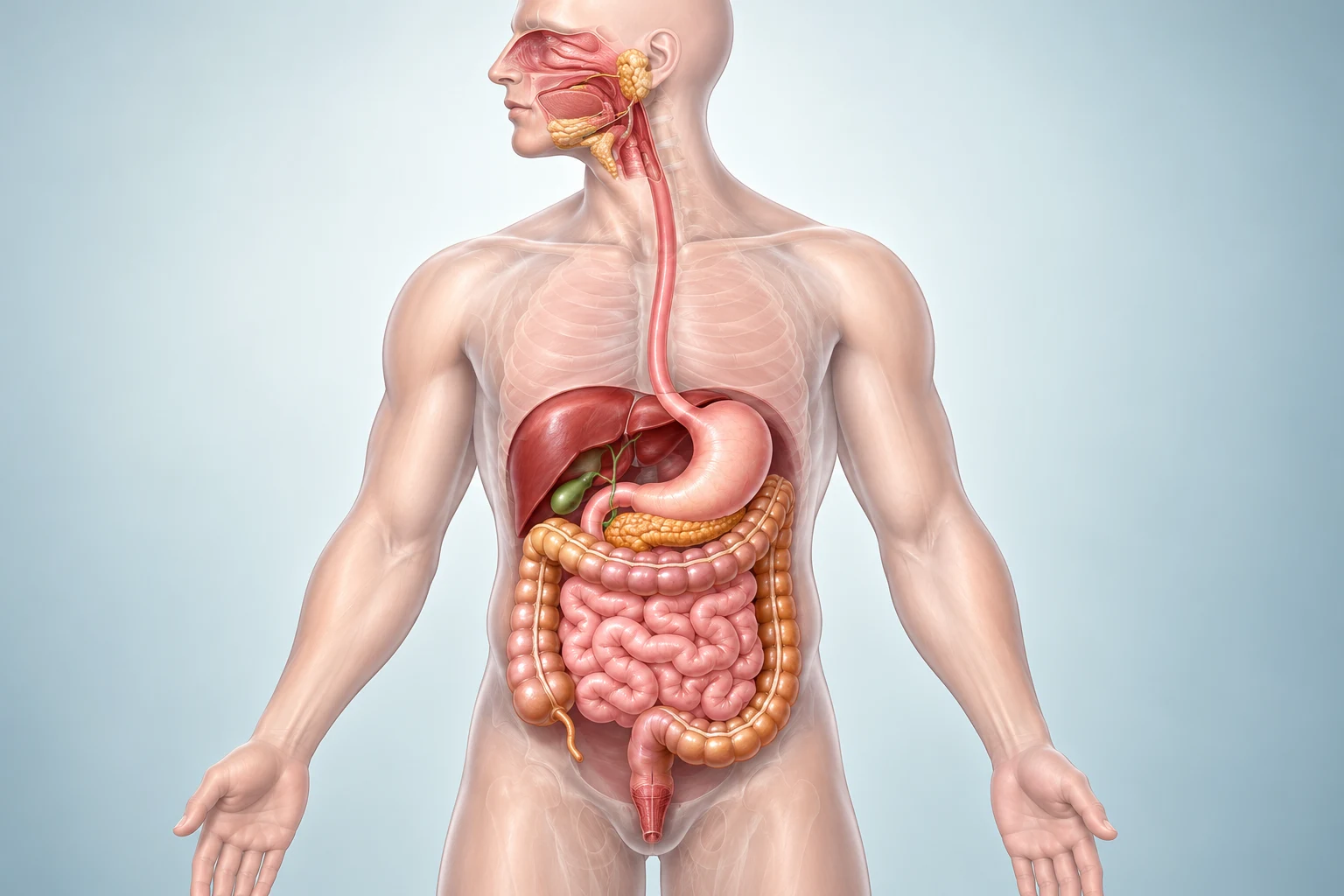 Modelo anatómico del tracto digestivo desde la boca hasta el recto, con los órganos abdominales visibles.